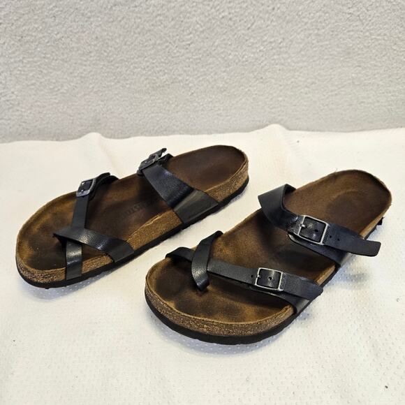 Birkenstock Mayari Birko-Flor Sandals Womens 9-9.5 Black Strap Mens 7-7.5 - Picture 1 of 11